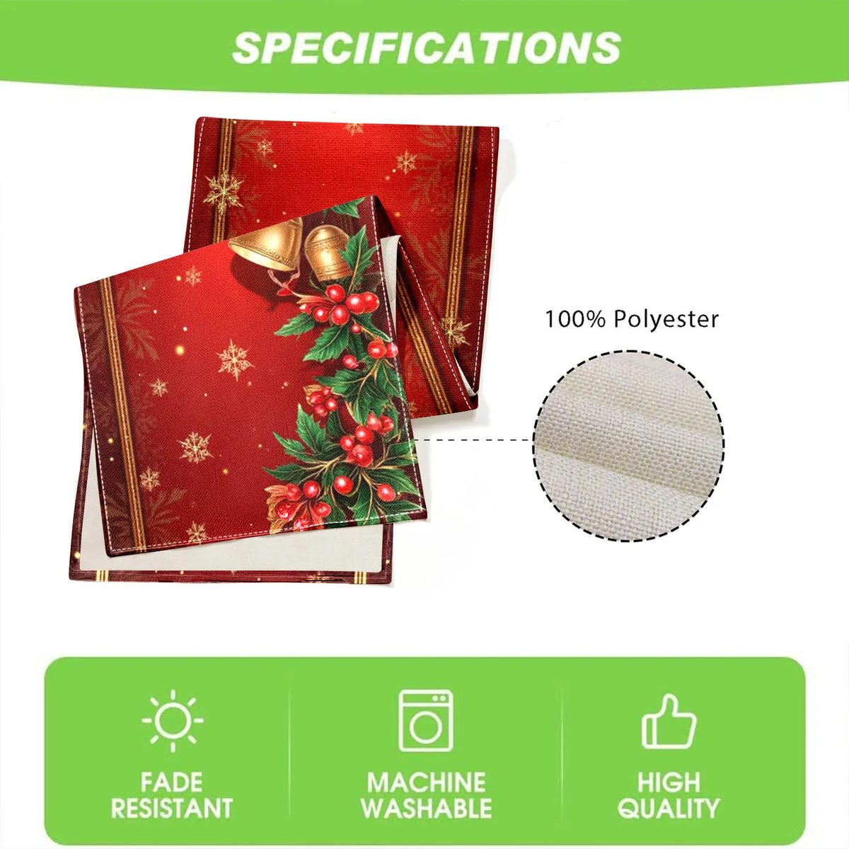 Red Christmas Table Runner – Snowflake, Bell & Berry Print Holiday Table Runner PLUSH