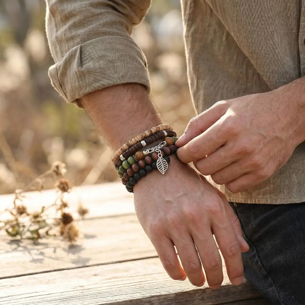 Boho Wooden Bead Bracelet Set – Handmade Stretch Multi-Layer Beaded Bracelet Set PLUSH