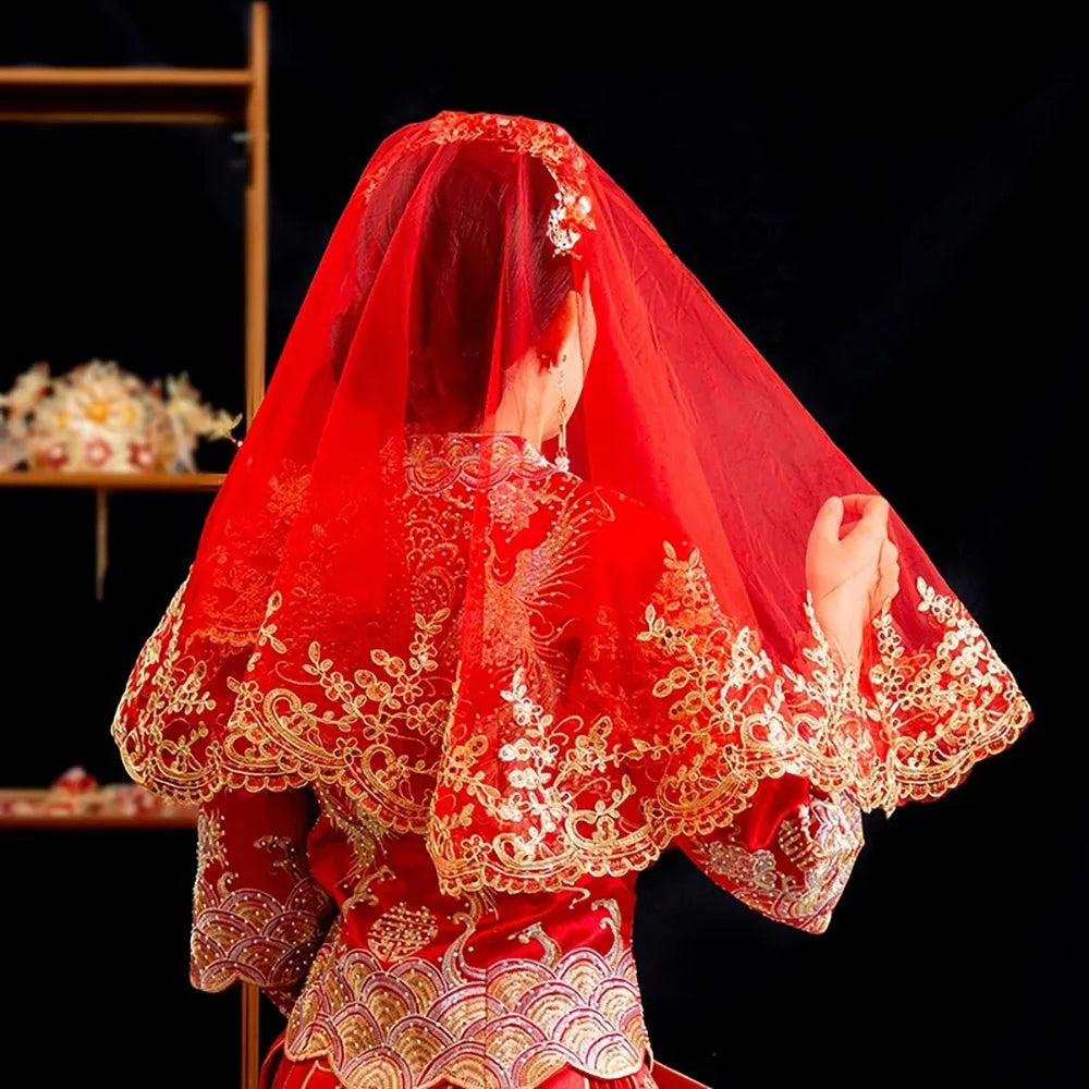 Red Gold Embroidery Bridal Veil – Lace Chinese Wedding Head Cover Bridal Veil PLUSH Style A