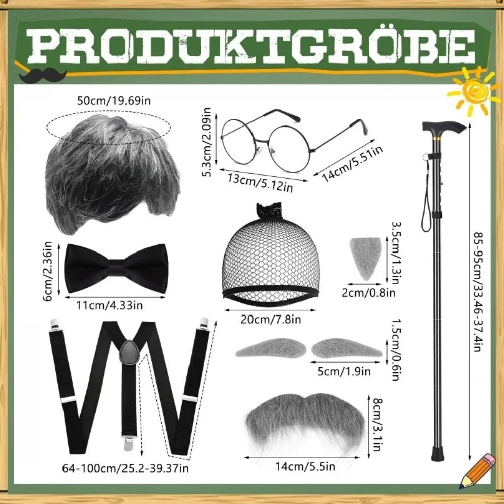 Grandpa Costume Set – Wig, Hat, Glasses & Suspenders Cosplay Costume Accessory Set PLUSH