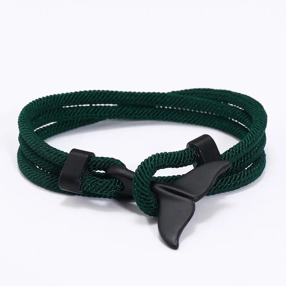 Whale Tail Braided Rope Charm Bracelet – Ocean Series Unisex Charm Bracelet PLUSH darkgreen-black tail