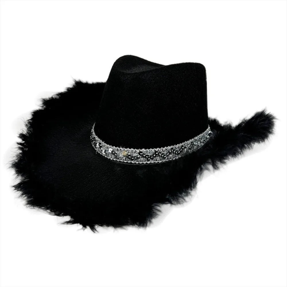Wide Brim Sequin Cowgirl Hat – Furry Trim Western Style Western Cowgirl Hat PLUSH Style B Black