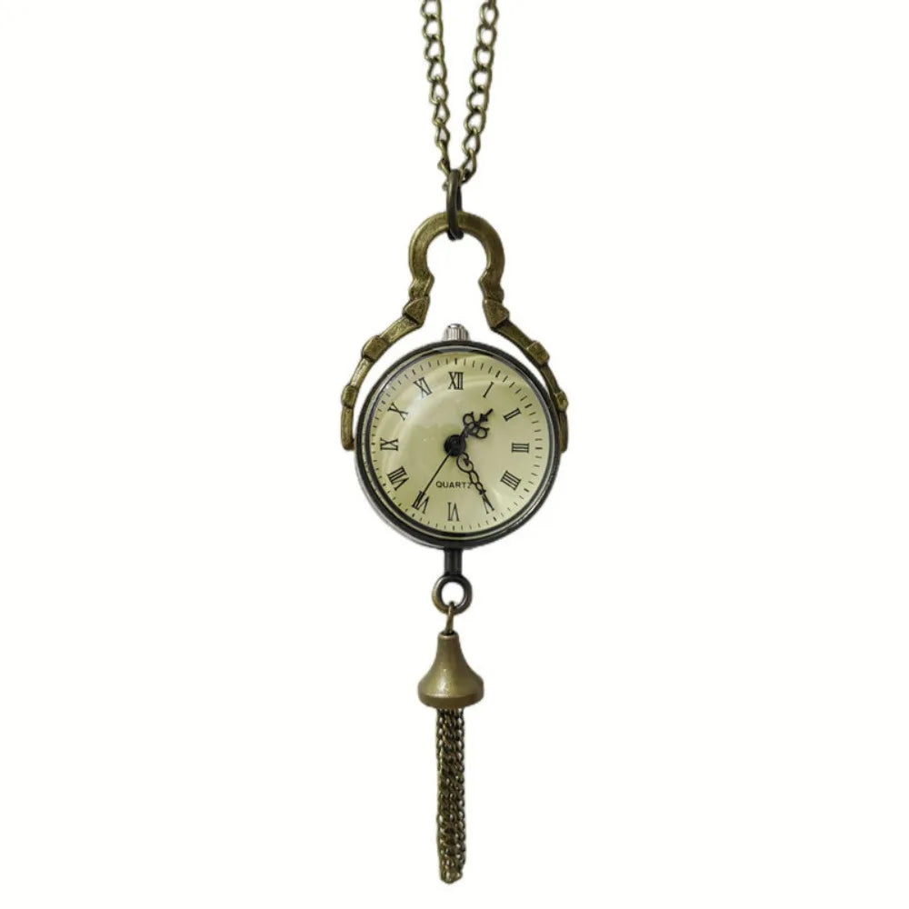 Vintage Bronze Ball Transparent Pocket Watch Quartz Tassel Necklace Pocket Watch Necklace PLUSH Brown