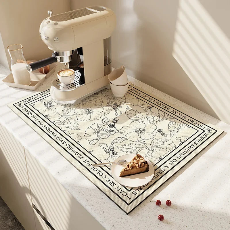 Diatomite Super Absorbent Kitchen Drying Mat – Quick Dry Kitchen Drying Mat PLUSH White Flower 30x40cm