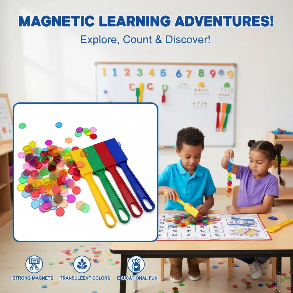 Montessori Magnetic Bingo Chips & Wand Set – 100pc Color Sort Educational Game Set PLUSH