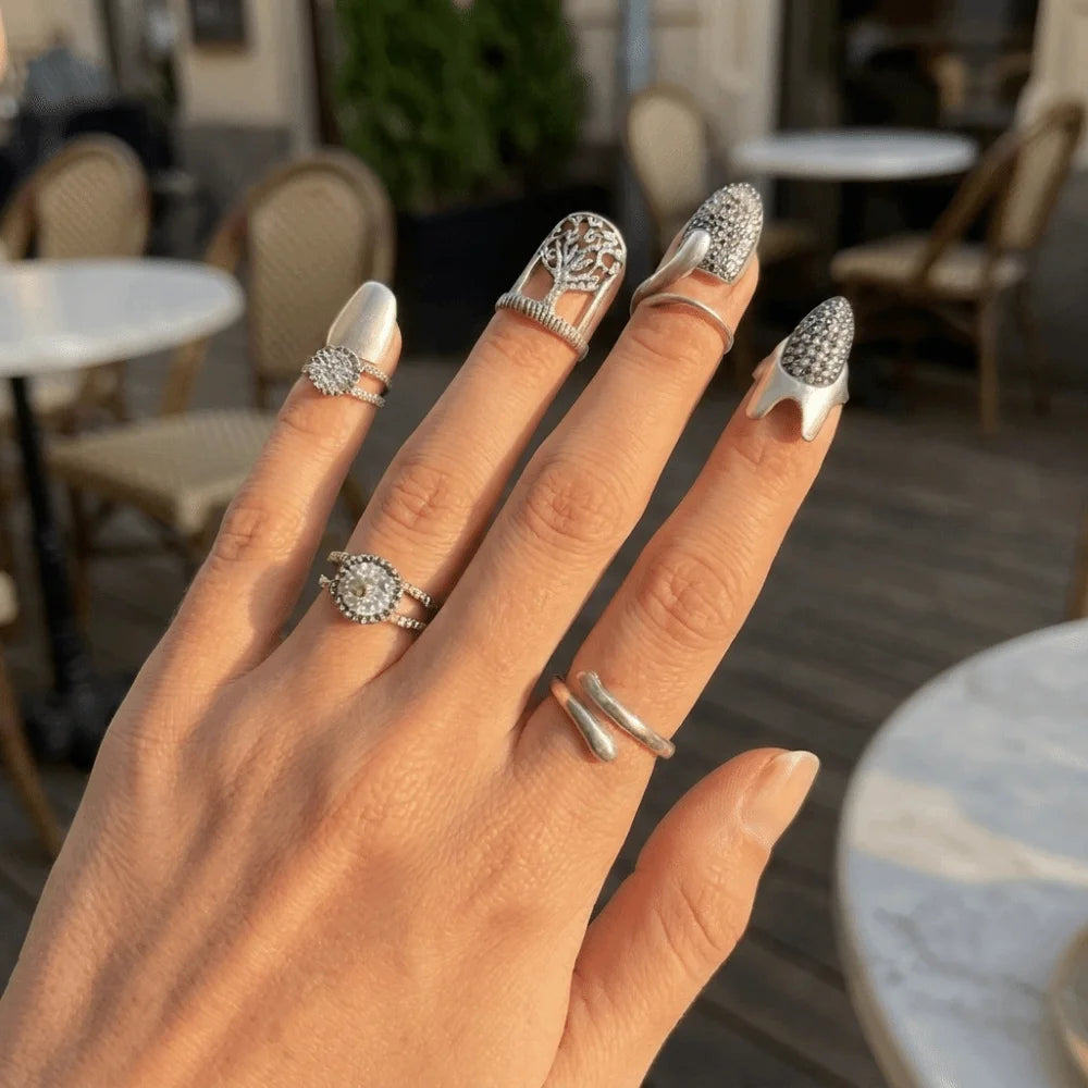 Gothic Nail Cover Rings – 4pc Adjustable Silver Tone Set Nail Cover Rings PLUSH