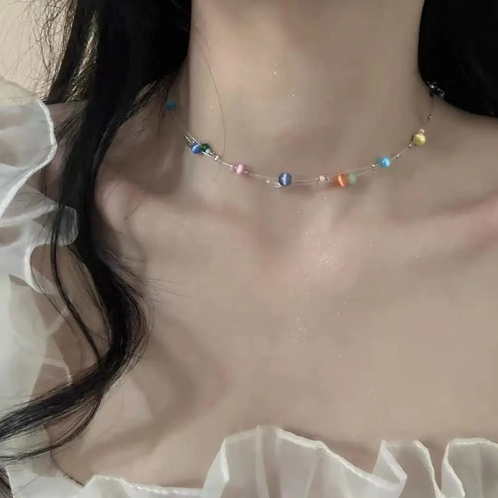 Vintage Korean Style Colorful Beaded Resin Clavicle Necklace Beaded Choker Necklace PLUSH