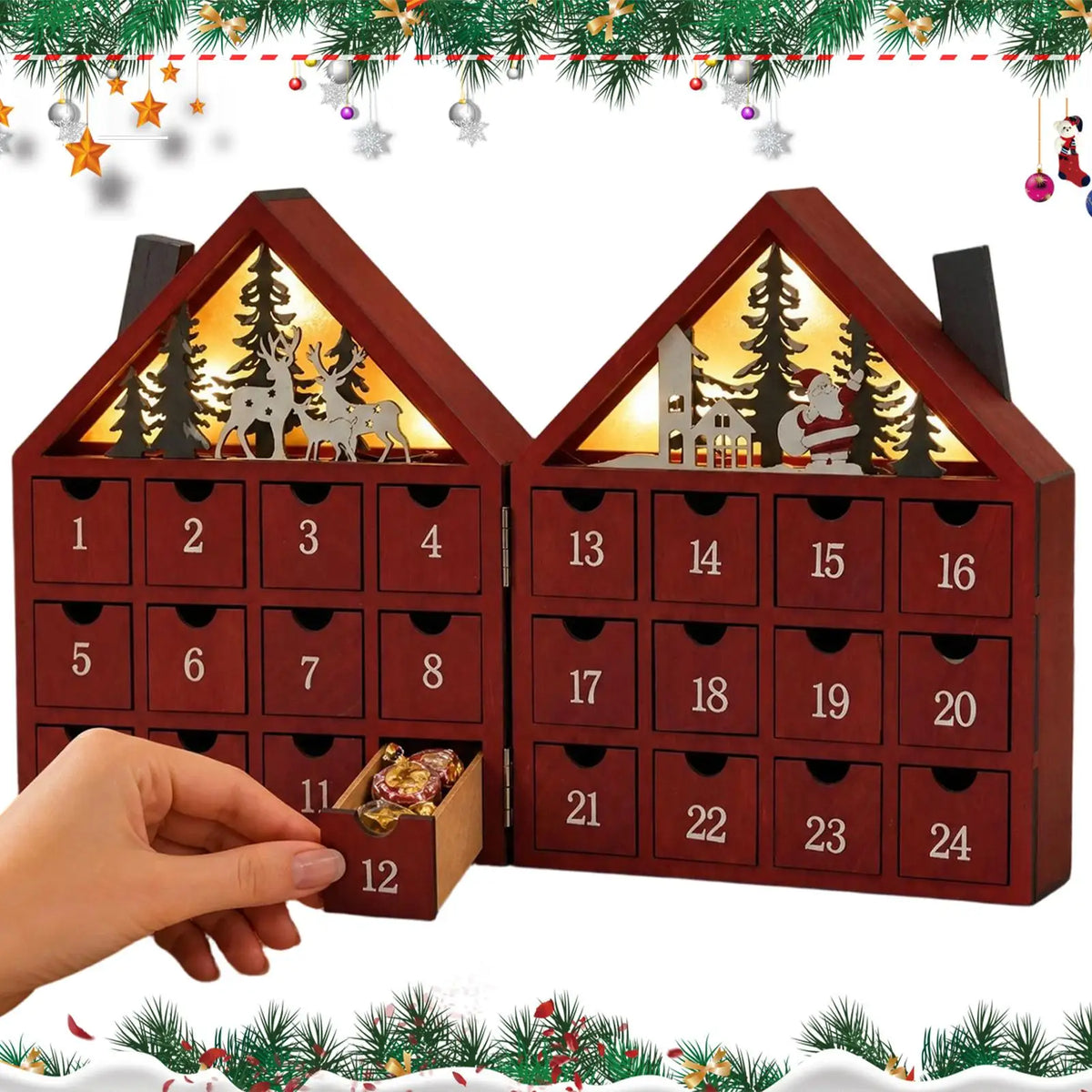 Wooden Christmas Advent Calendar 24 Drawers LED Village House Advent Calendar PLUSH