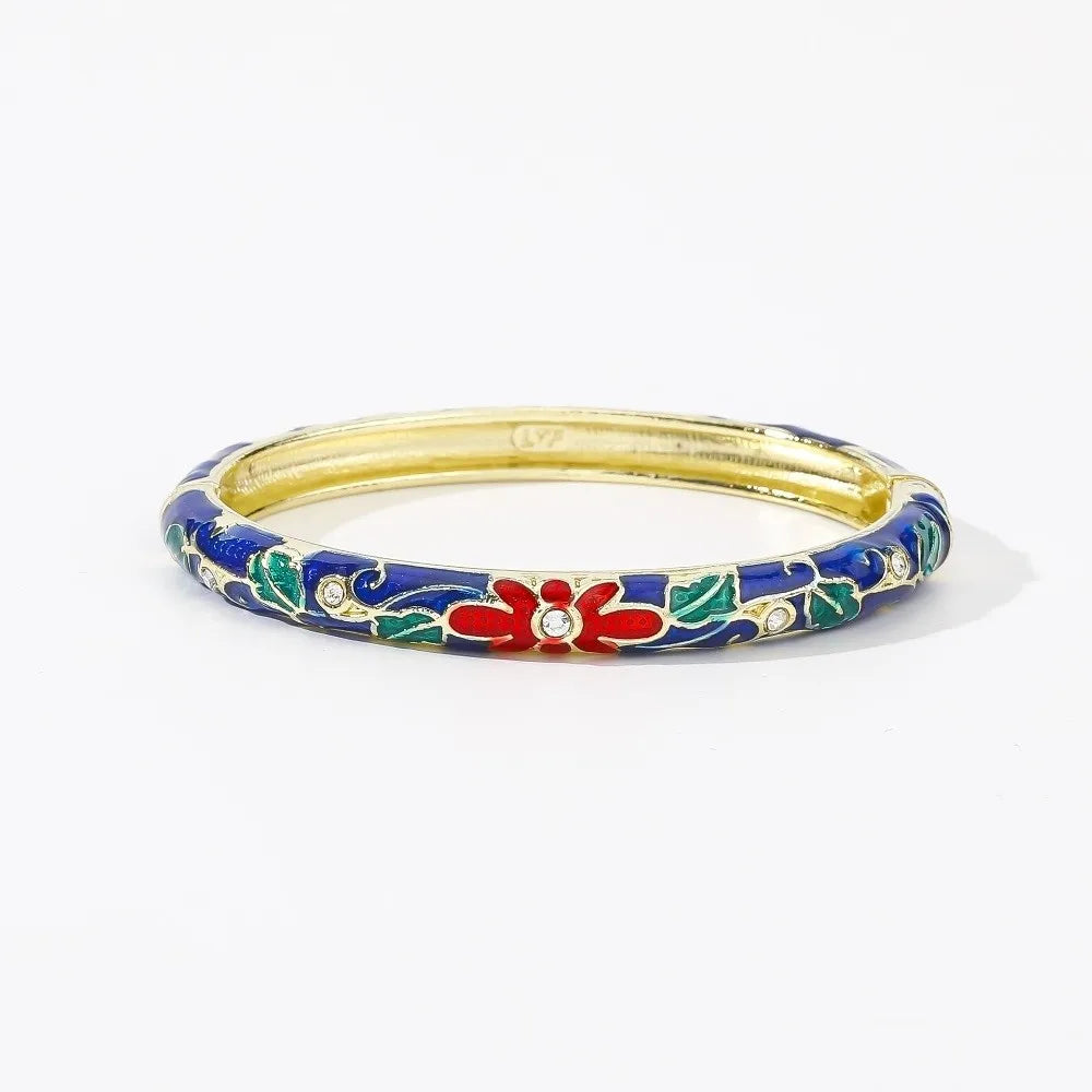Enamel Cloisonné Bangle – Vintage Chinese Flower Bracelet Enamel Bangle PLUSH Blue Red