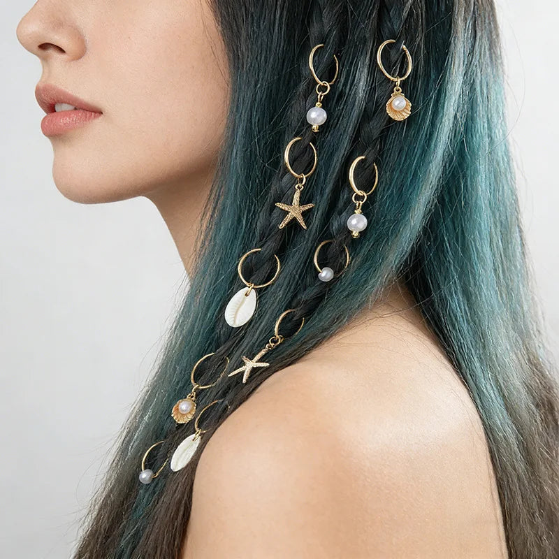 10pcs Sea Shell Braided Hair Rings – Bohemian Hair Clips Hair Rings Set PLUSH Gold 10Pcs