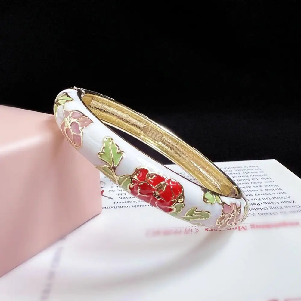 Chinese Cloisonné Enamel Peony Double Bangle Bracelet for Women Enamel Bangle Bracelet PLUSH white