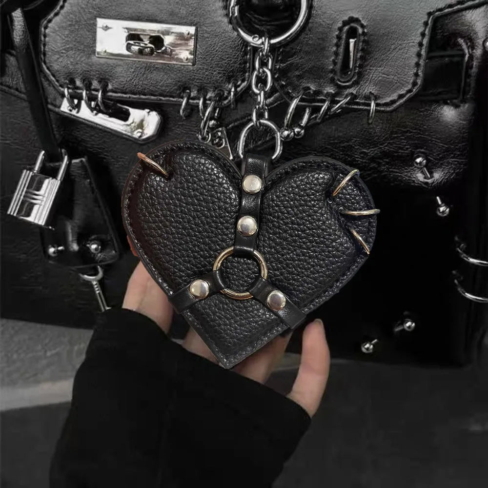 Y2K Rivet Heart Bag Charm – Punk Gothic Leather Keychain Bag Charm Keychain PLUSH Black