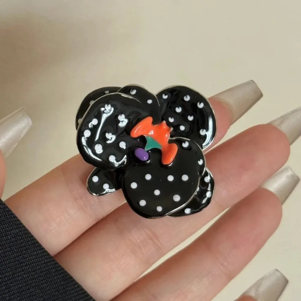 Hand-Enameled Flower Stacking Ring | Orchid Polka Dot Bat Design Enamel Fashion Ring PLUSH Black