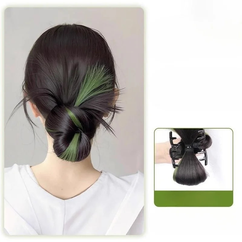 Synthetic Half-Tie Hair Bun Claw Clip Floral Accents Pink Black Clip-On Hair Bun PLUSH Green Black 1Pc