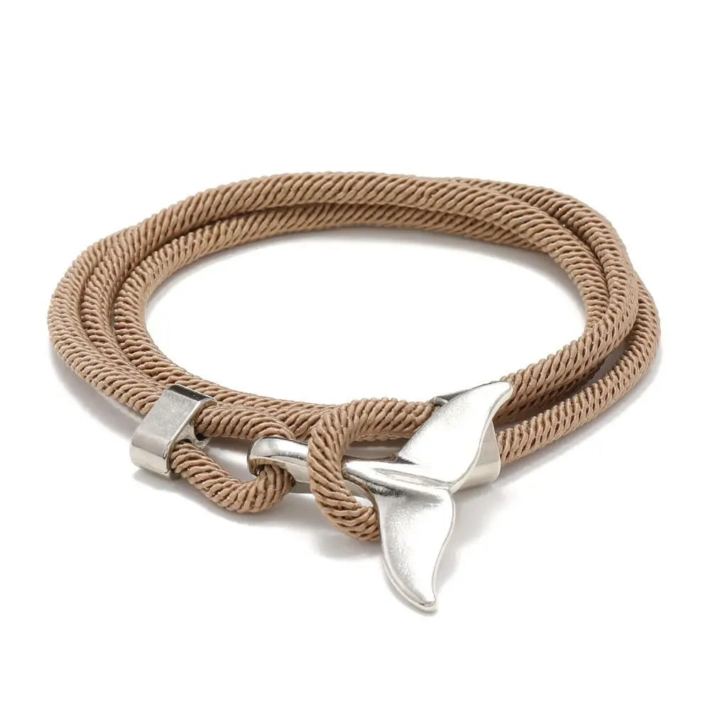 Whale Tail Braided Rope Charm Bracelet – Ocean Series Unisex Charm Bracelet PLUSH khaki-silver tail