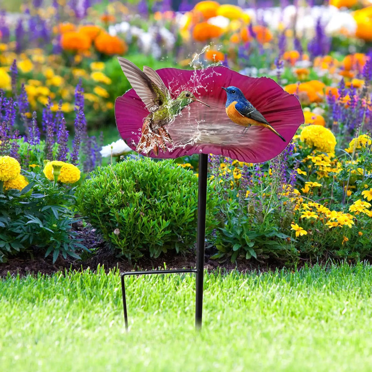 Outdoor Bird Bath Bowl with Garden Stake | Floral Yard Decor Garden Bird Bath PLUSH