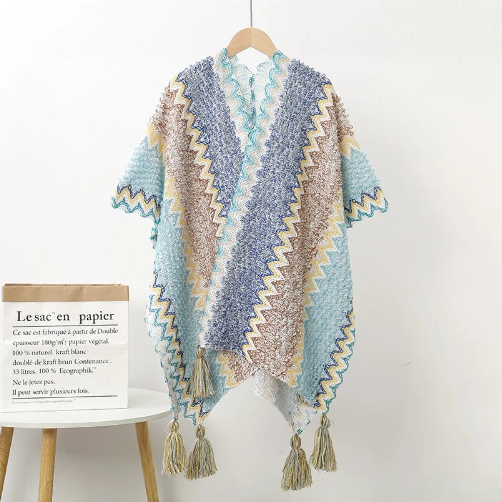 Women's Bohemian Knit Tassel Poncho Shawl – Ethnic Cape Wrap Knit Poncho Cape PLUSH Style 6