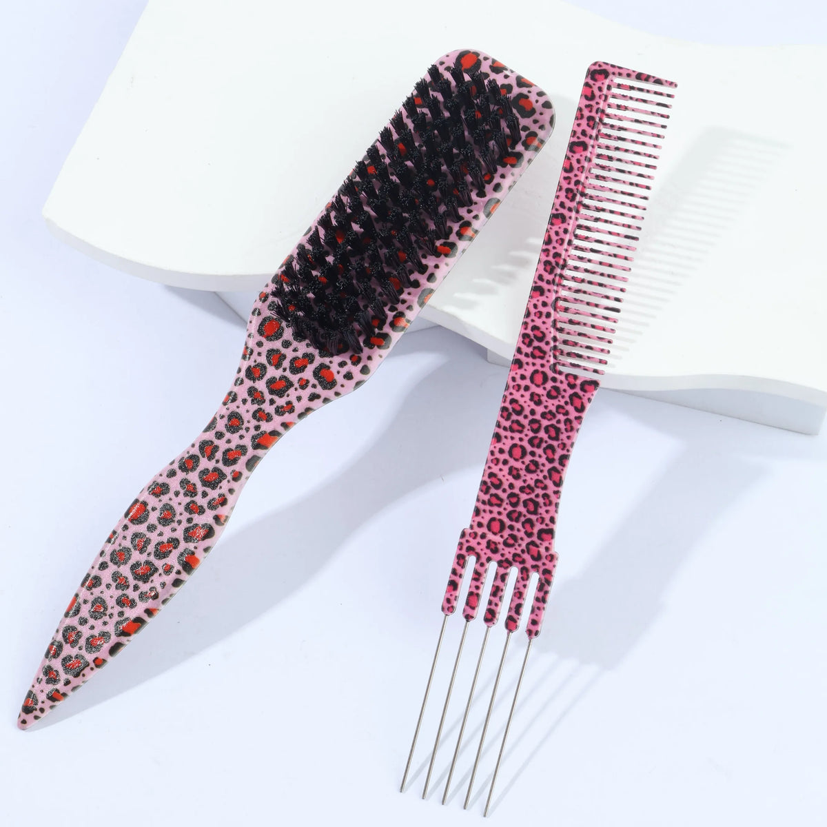 Leopard Print Rat Tail Styling Combs – 2pcs Sectioning Set Hair Styling Comb PLUSH Pink leopard