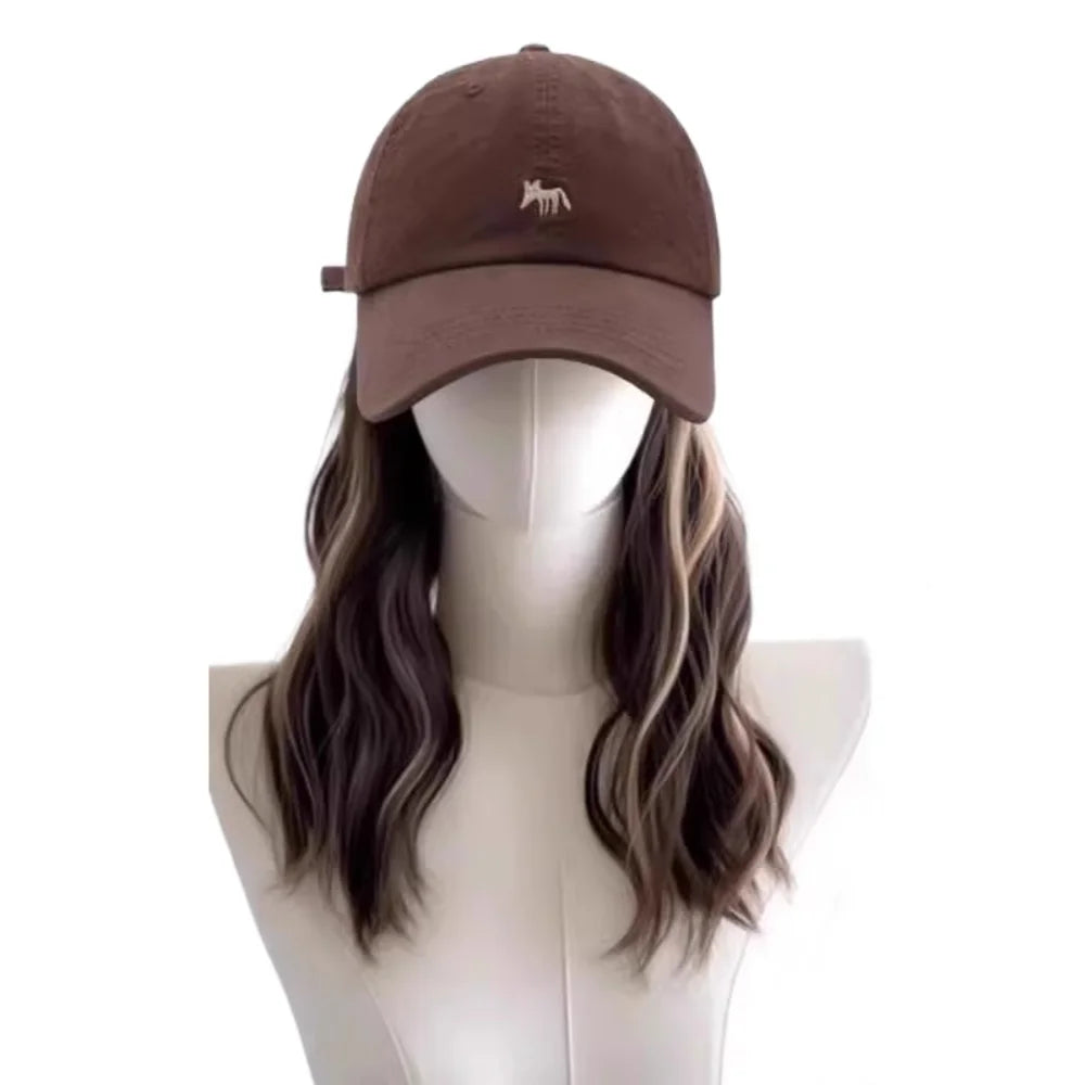 Baseball Cap with Long Wavy Wig – Korean Style Hat Hairpiece Cap Wig Hairpiece PLUSH Coffee-Brown