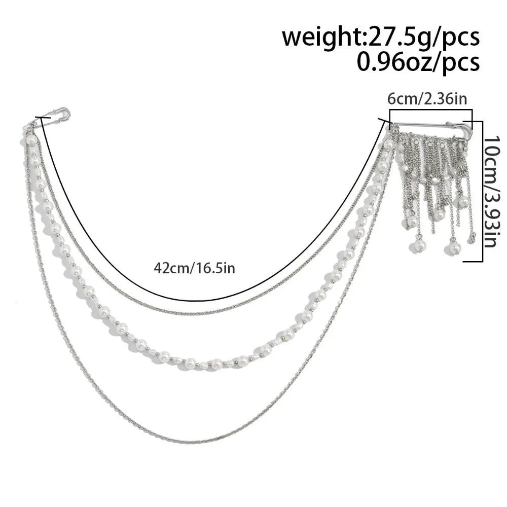 White Pearl Tassel Multi-Layer Chain Brooch | Zinc Alloy Fashion Brooch PLUSH