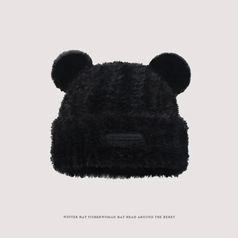 Fluffy Bear Knit Beanie – Chunky Fleece Winter Hat Women Winter Knit Beanie PLUSH Black 1PCS