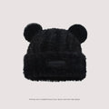 Fluffy Bear Knit Beanie – Chunky Fleece Winter Hat Women Winter Knit Beanie PLUSH Black 1PCS