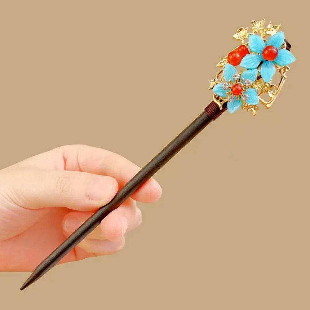 Wooden Chinese Hair Stick Vintage Flower Tassel Hairpin Fork Hair Stick Hairpin PLUSH Style 20