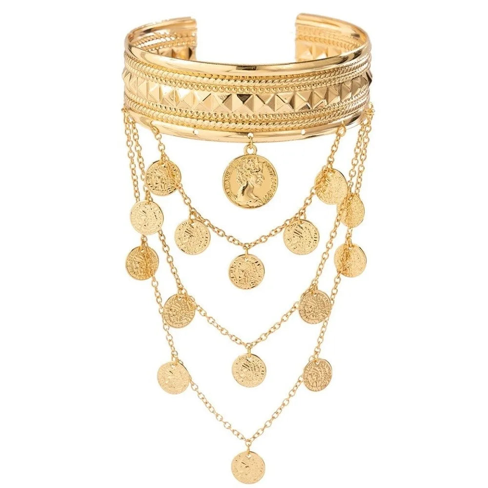 Boho Gold Tassel Arm Cuff Bangle – Adjustable Coin Leaf Armlet Arm Cuff Bangle PLUSH