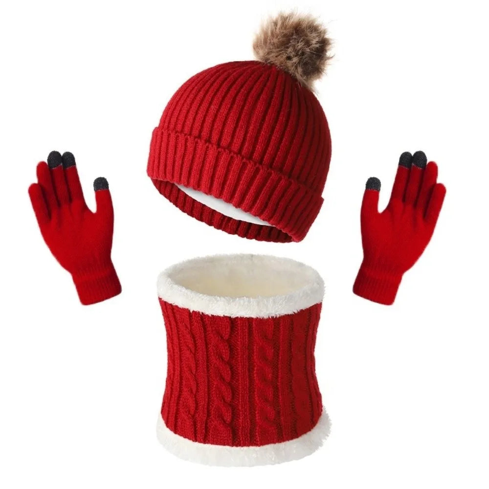 Women's Winter Knit Beanie Hat Scarf & Gloves Set | Pompom Winter Accessory Set PLUSH Red