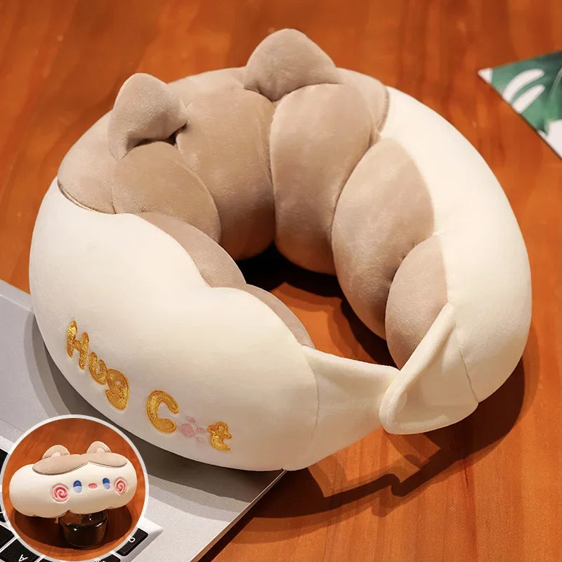 Cute Cat U-Shaped Travel Neck Pillow – Crystal Velvet Cartoon Travel Neck Pillow PLUSH Milk coffee bell cat