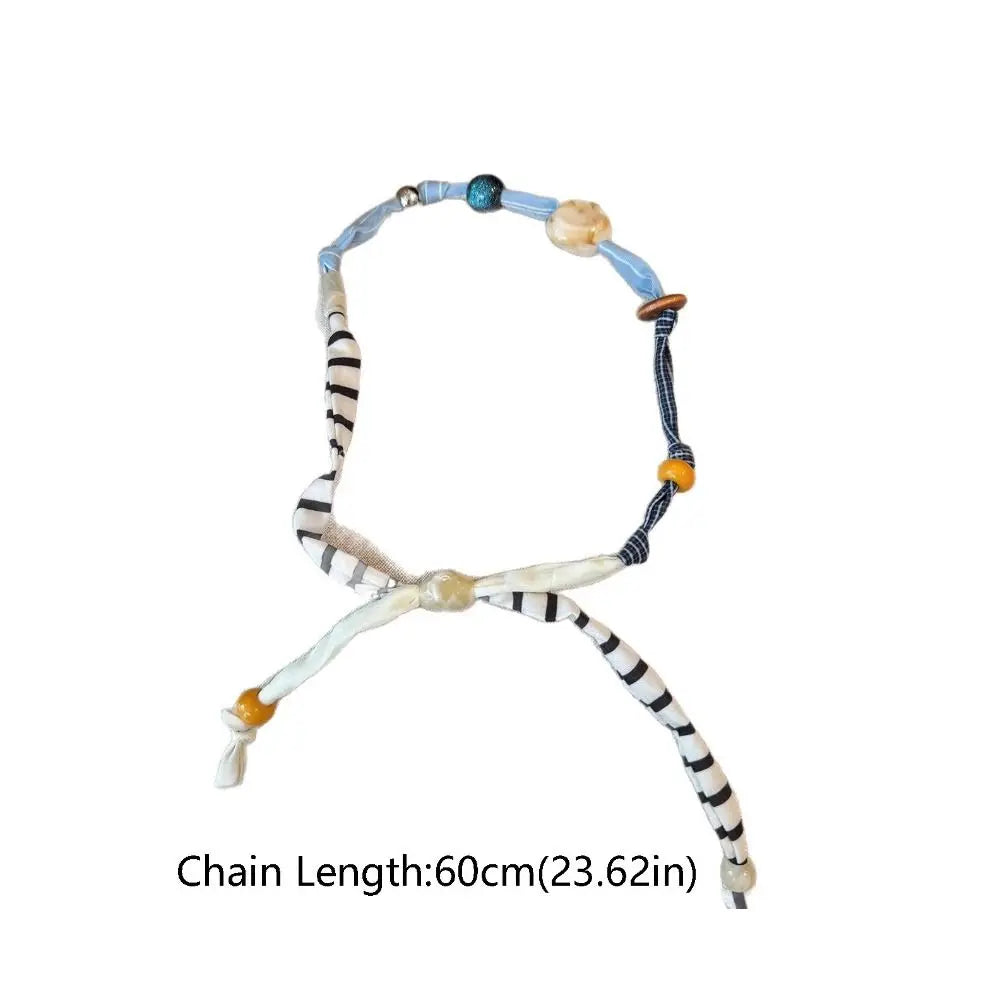 Ethnic Patchwork Cloth & Wood Bead Clavicle Necklace | Boho Boho Beaded Necklace PLUSH