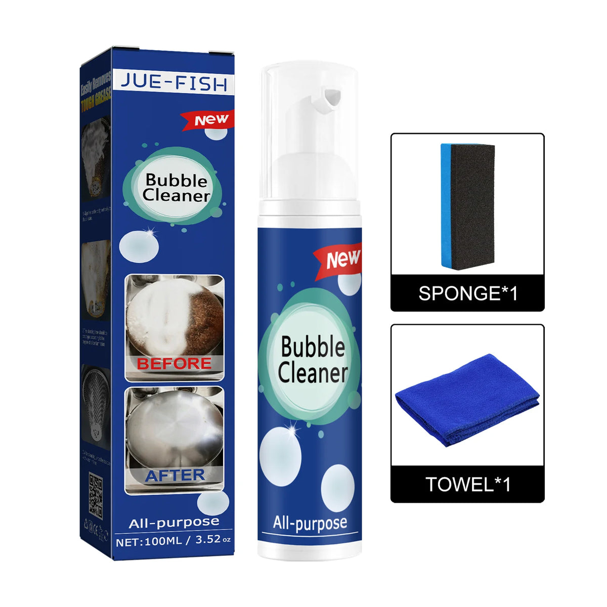Jue-Fish Kitchen Foam Cleaner – Rinse-Free Oil Stain Remover Kitchen Foam Cleaner PLUSH With Towel Sponge