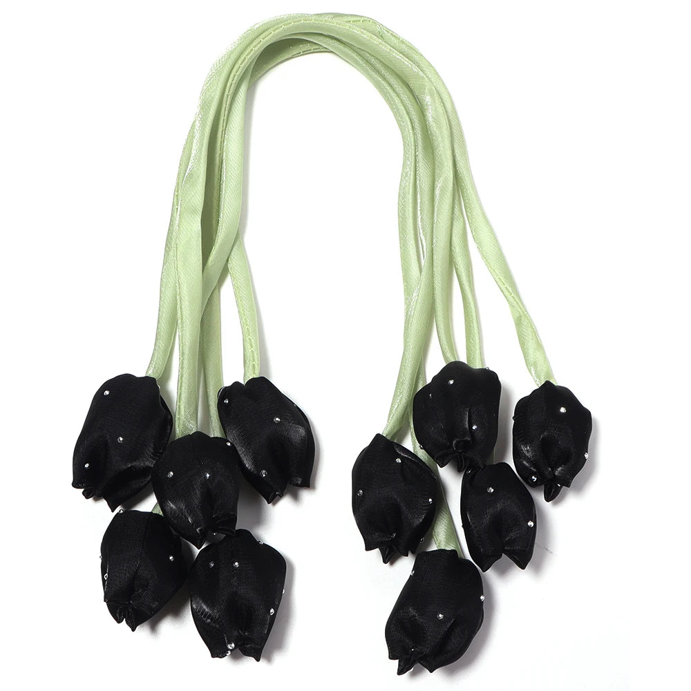 5pcs Satin Tulip Flower Strings Rhinestone DIY Hair & Garment Fabric Flower Trim PLUSH black