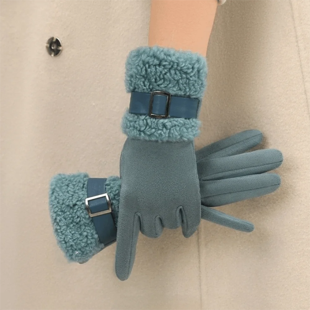 Women's Fleece-Lined Suede Winter Gloves – Windproof Full Finger Winter Gloves PLUSH Blue