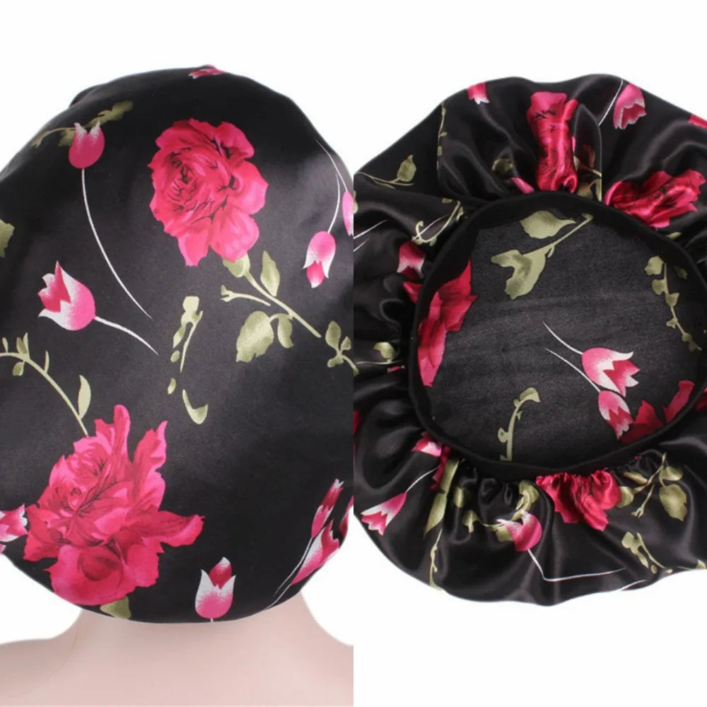 Women Satin Bonnet Floral Wide Band Sleep & Shower Hair Wrap Satin Sleep Bonnet PLUSH
