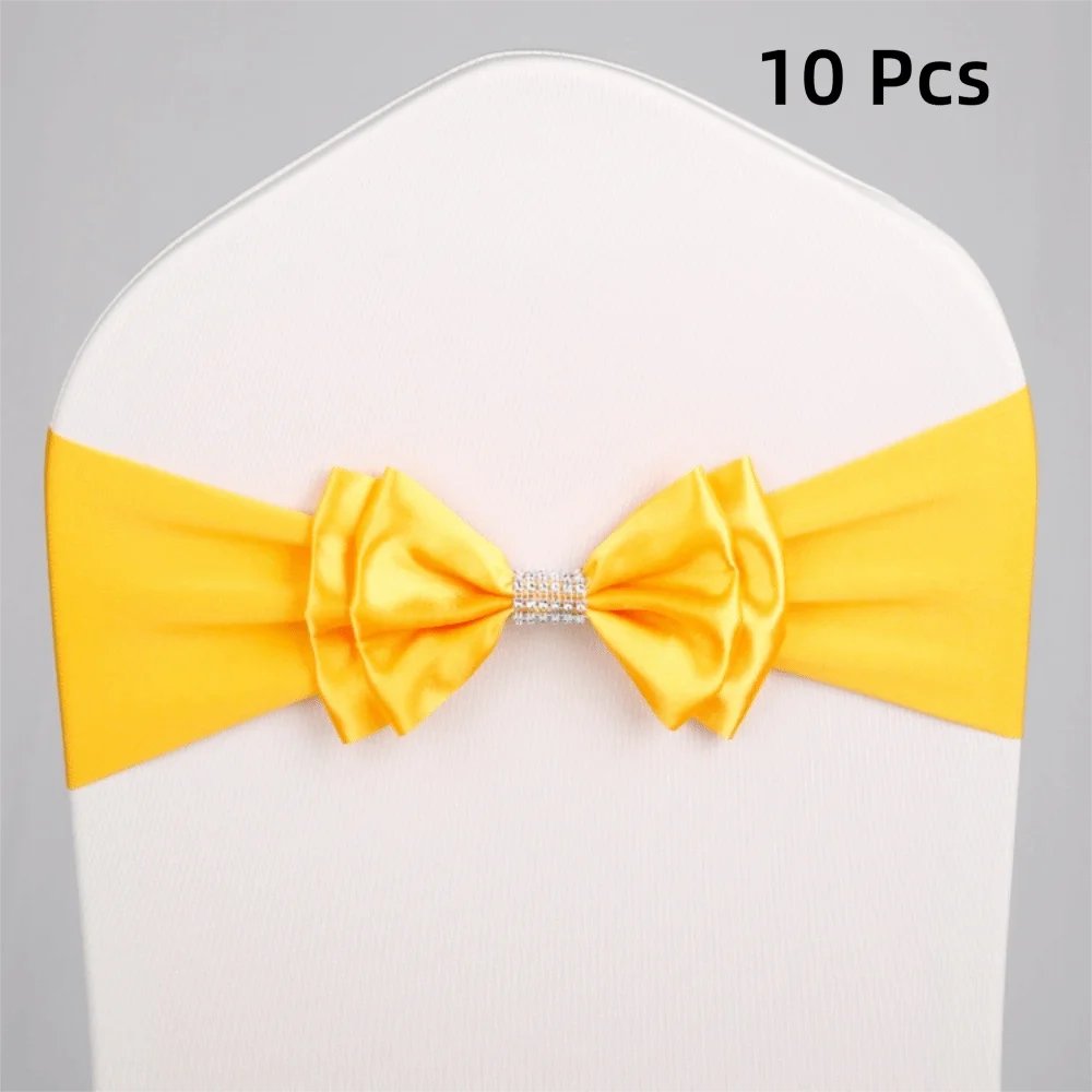 10pcs Satin Bow Chair Sashes – Elastic Spandex, No-Tie Chair Sash Bows PLUSH Yellow