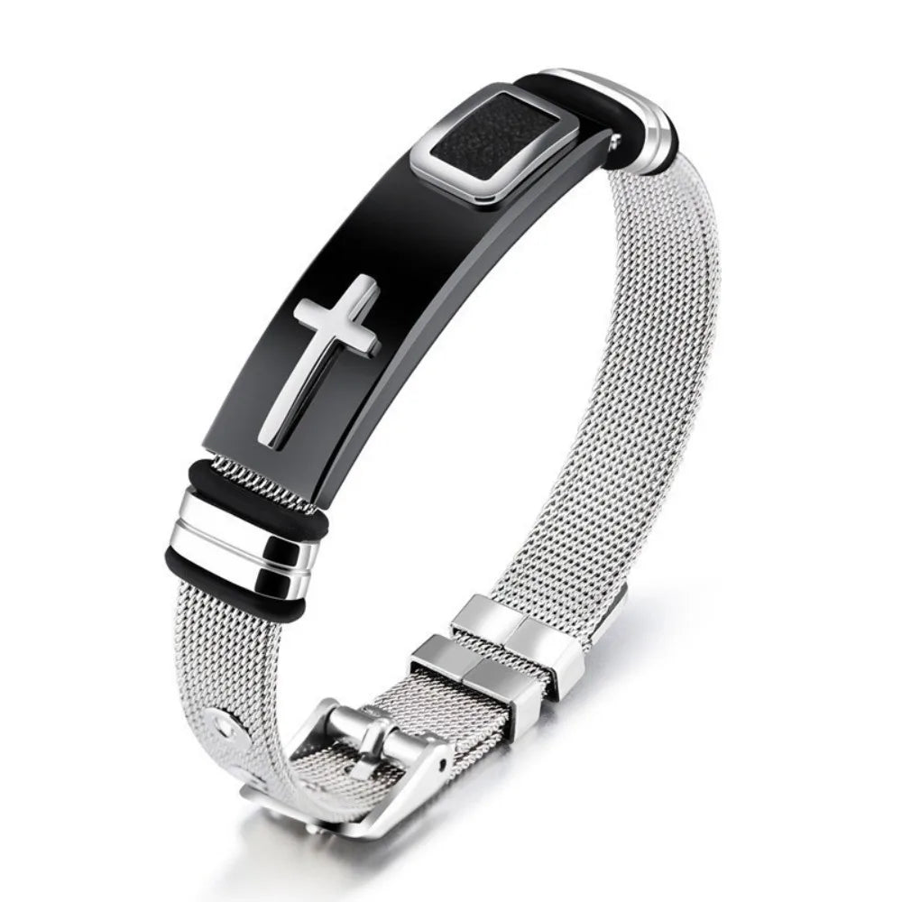 Stainless Steel Cross Bangle – Adjustable Religious Bracelet Religious Bangle Bracelet PLUSH Style B
