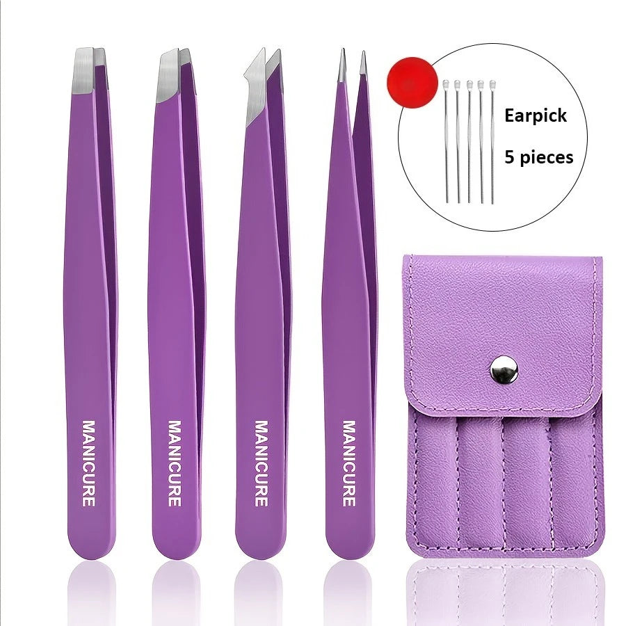 Ouriner 4pc Stainless Steel Tweezers – Eyelash & Brow Kit Beauty Tweezers Kit PLUSH Purple 9 Pcs Set