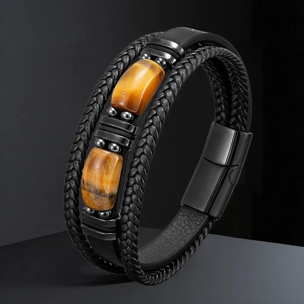Tiger Eye Stone Magnetic Buckle Men's Bracelet – Stainless Steel Men's Stone Bracelet PLUSH 21cm style 1