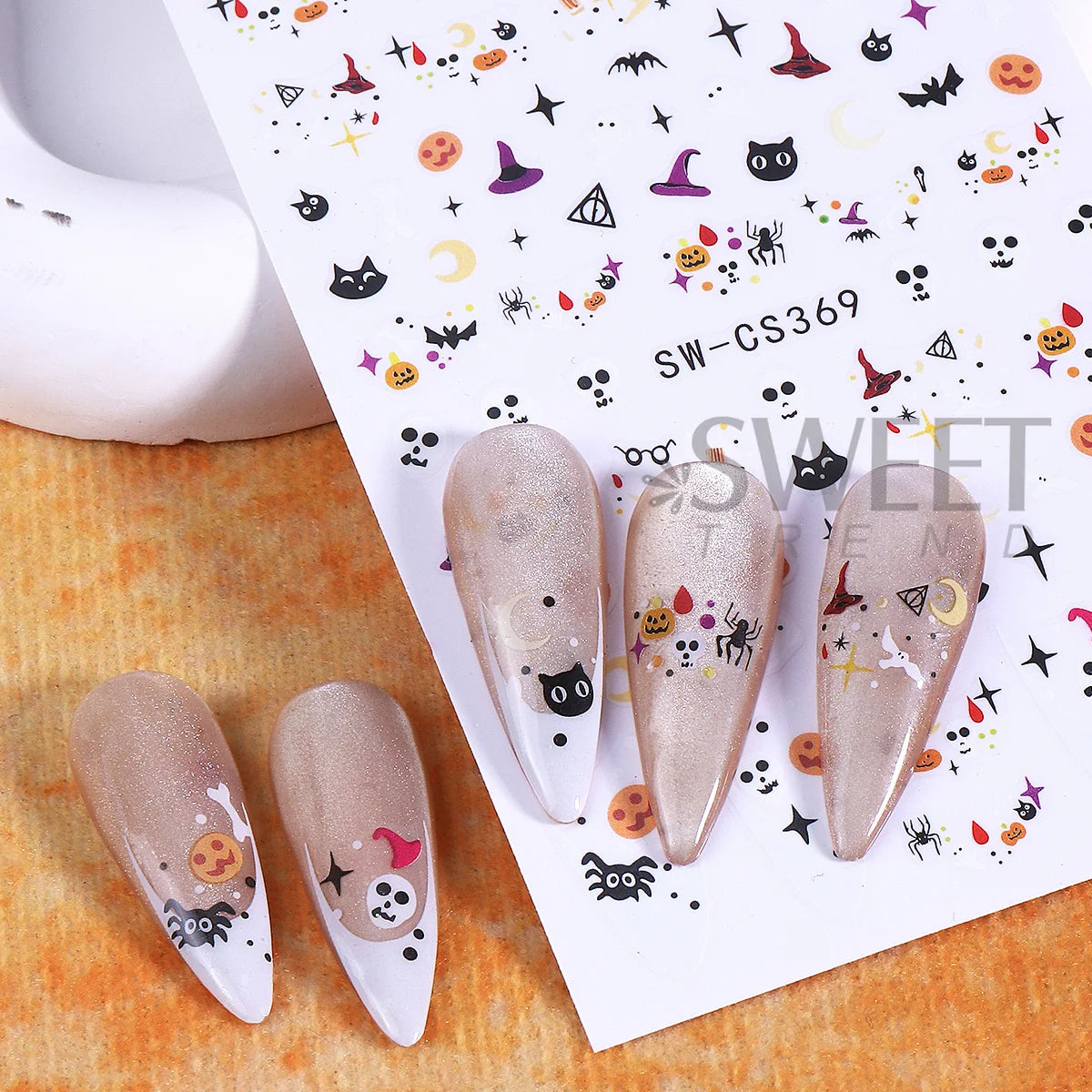 3pcs Halloween Nail Stickers – Pumpkin, Bat & Spider Web Decals Nail Art Stickers PLUSH