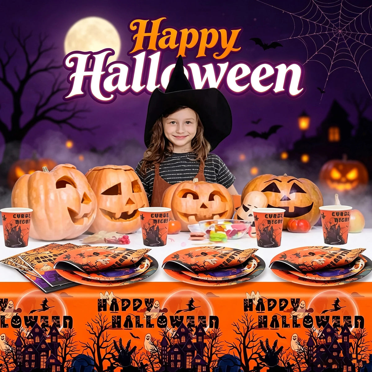 Halloween Party Tableware Set – Paper Plates & Tablecloth Kit Party Tableware Set PLUSH