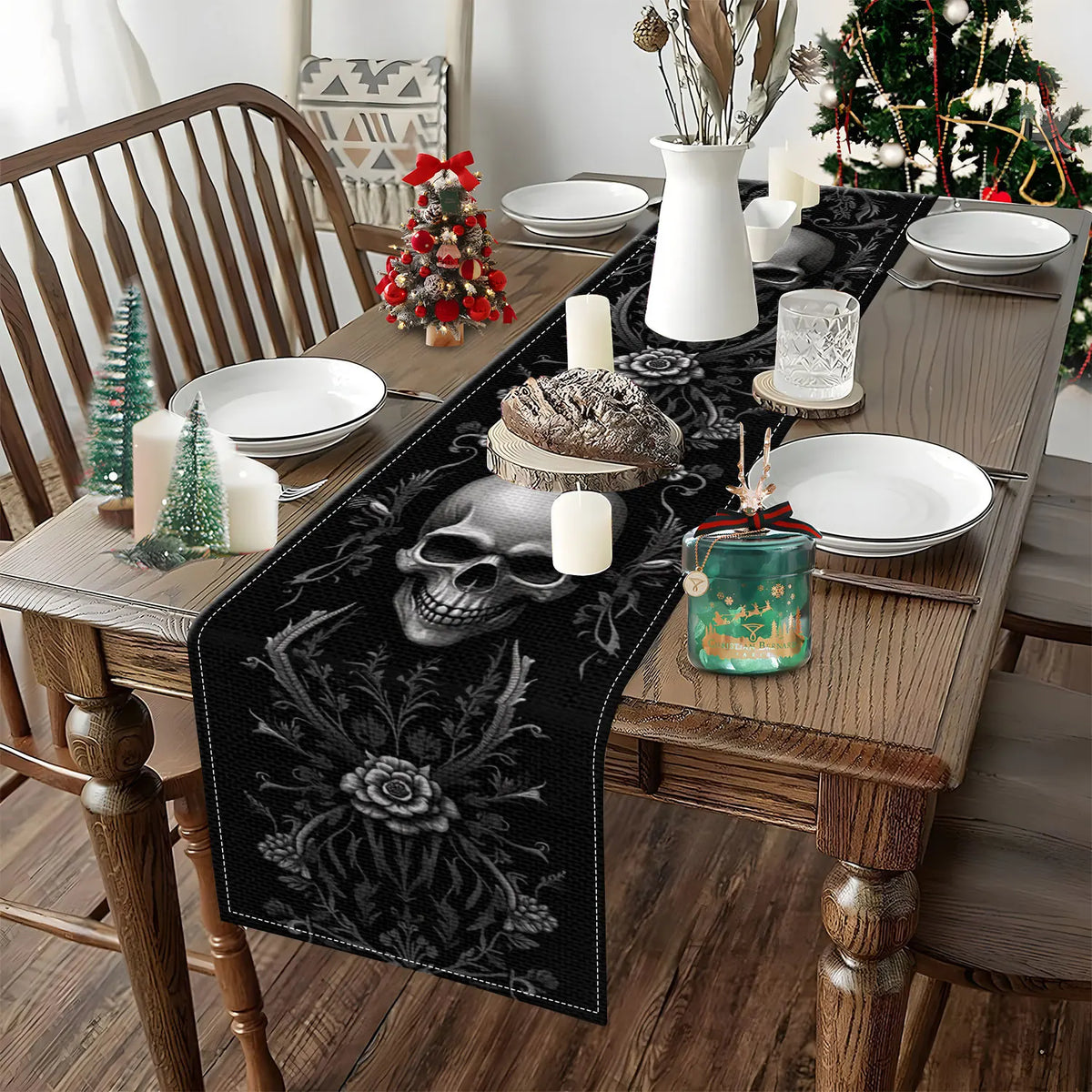 Halloween Skull Floral Table Runner – 100% Polyester Halloween Table Runner PLUSH