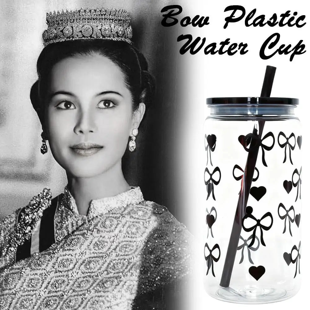 500ml Black Bow-Shaped Plastic Cup with Lid & Straw Plastic Straw Cup PLUSH