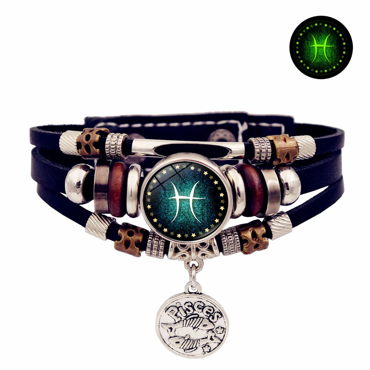 Zodiac Luminous Leather Bracelet – Multilayer Beaded Unisex Charm Bracelet PLUSH 2- Pisces