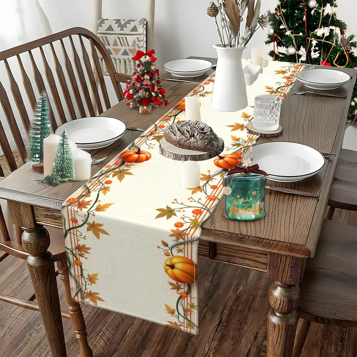 Pumpkin & Autumn Leaf Table Runner | Fall Harvest Decor Table Runner PLUSH