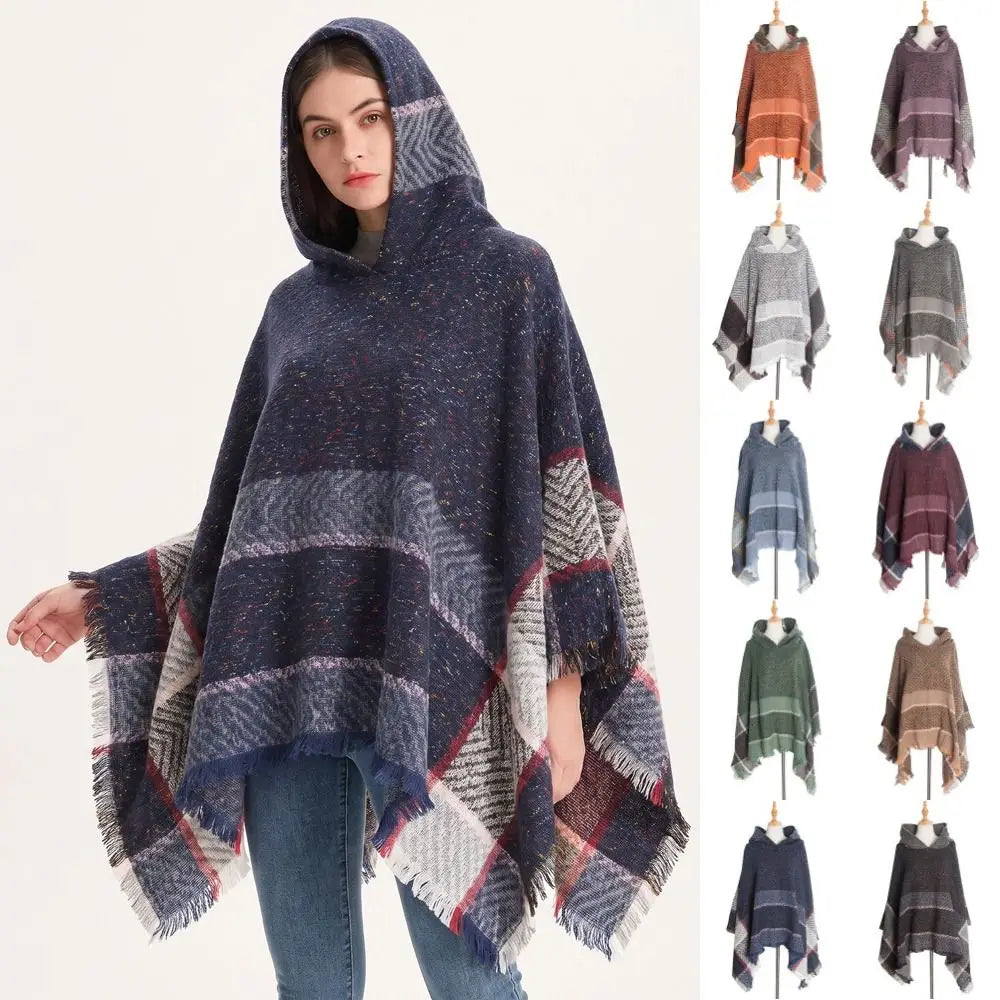Women's Tassel Hooded Cape Plaid Knit Shoulder Wrap Cloak Hooded Cape Wrap PLUSH