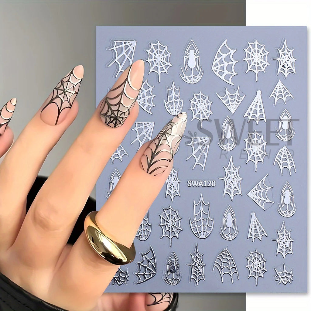 Y2K Spider Web Nail Art Stickers – Halloween Black Gold Silver Nail Art Stickers PLUSH