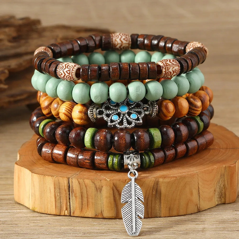 Boho Wooden Bead Bracelet Set – Handmade Stretch Multi-Layer Beaded Bracelet Set PLUSH Style E