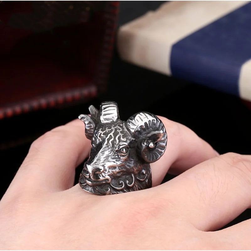 Vintage Aries Goat Head Punk Metal Ring for Men | Silver Men's Fashion Ring PLUSH