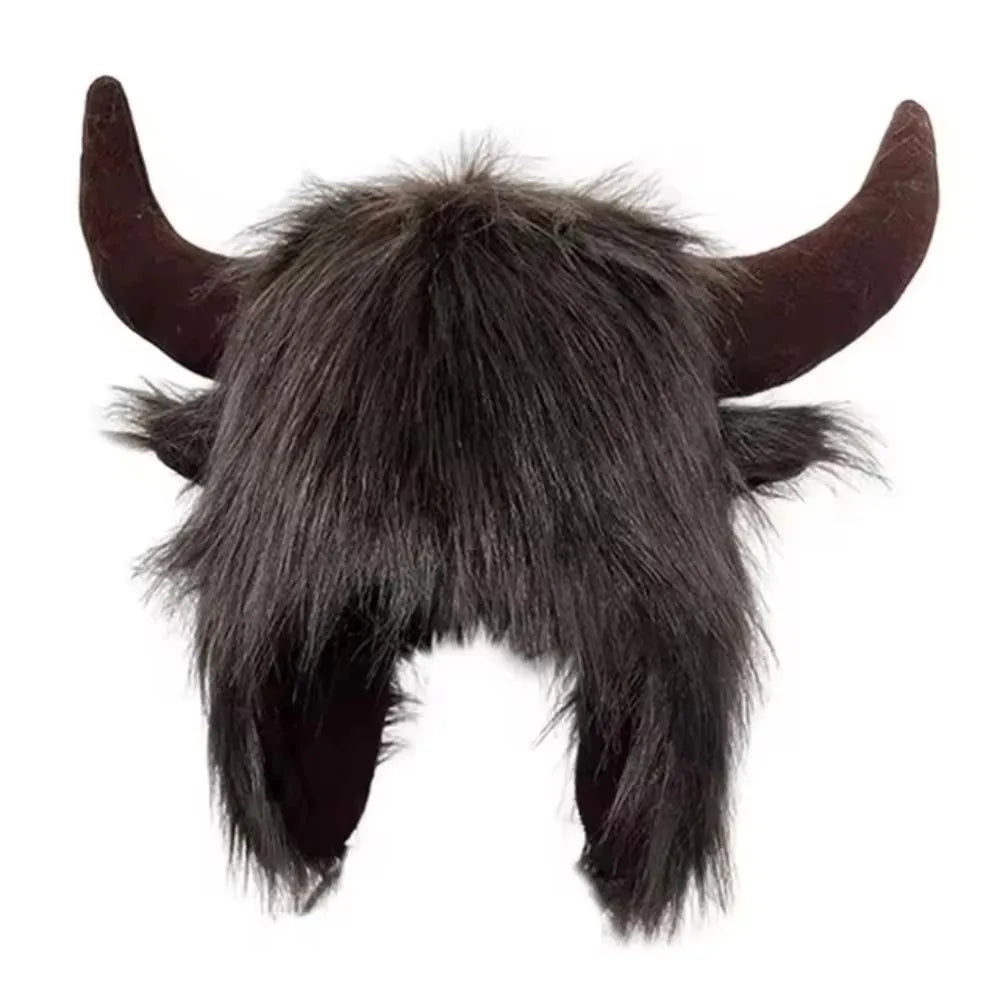 Vintage Ox Horn Lei Feng Cap – Fluffy Fur Trim Thermal Hat Winter Ear Flap Hat PLUSH Coffee